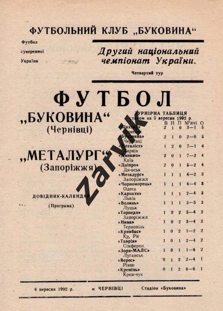 Буковина Черновцы - Металлург Запорожье 1992/1993