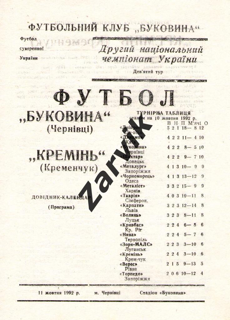 Буковина Черновцы - Кремень Кременчуг 1992/1993