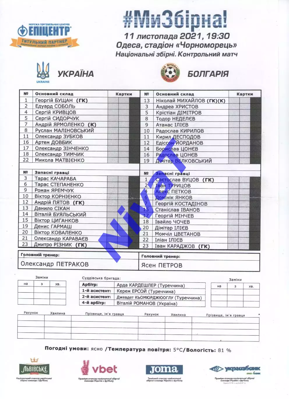 Протокол Україна - Болгарія 11.11.2021