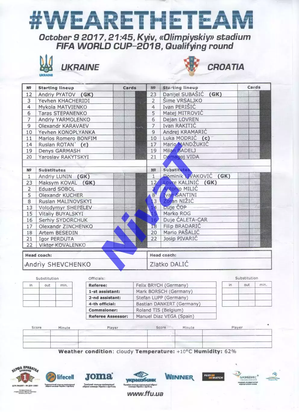 Протокол Україна - Хорватія 09.10.2017