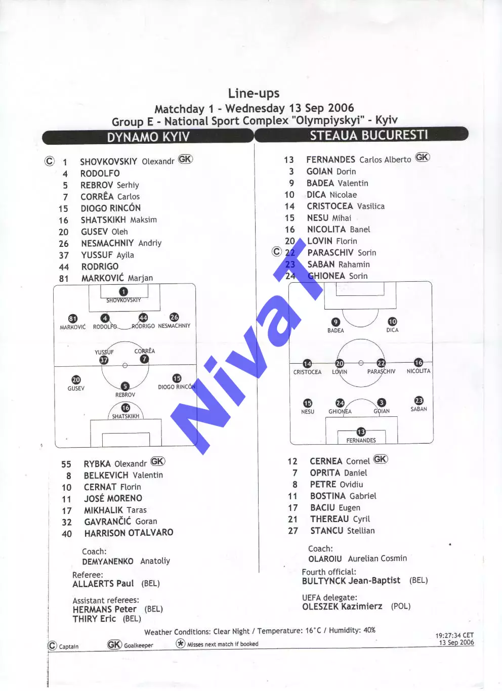 Протокол Динамо Київ - Стяуа Бухарест 13.09.2006