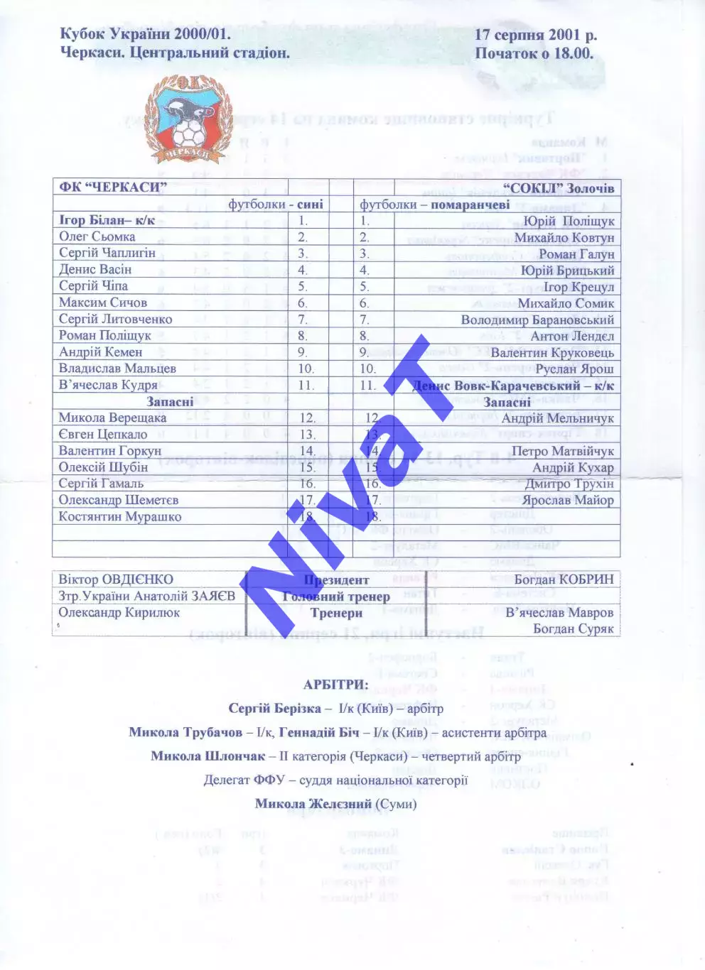 Протокол ФК Черкаси - Сокіл Золочів 17.08.2001