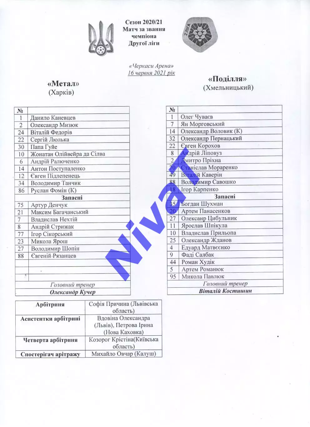 Протокол Метал Харків - Поділля Хмельницький 16.06.2021