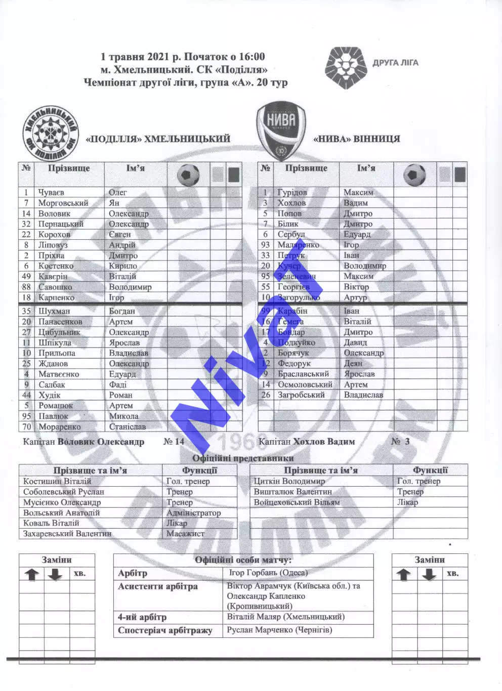 Протокол Поділля Хмельницький - Нива Вінниця 01.05.2021