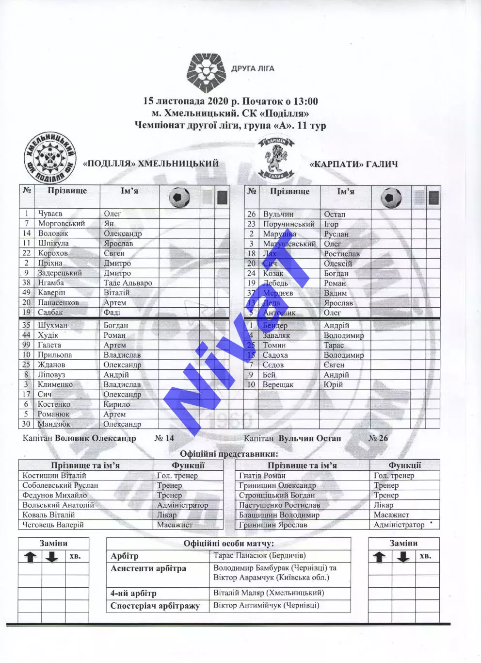 Протокол Поділля Хмельницький - Карпати Галич 15.11.2020