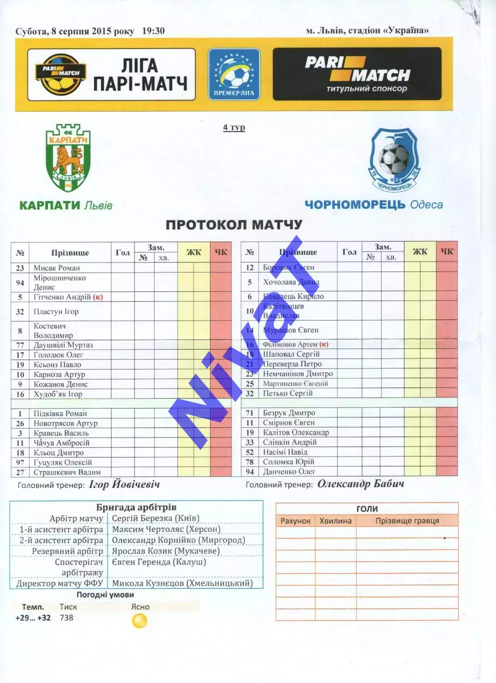 Протокол Карпати Львів - Чорноморець Одеса 08.08.2015