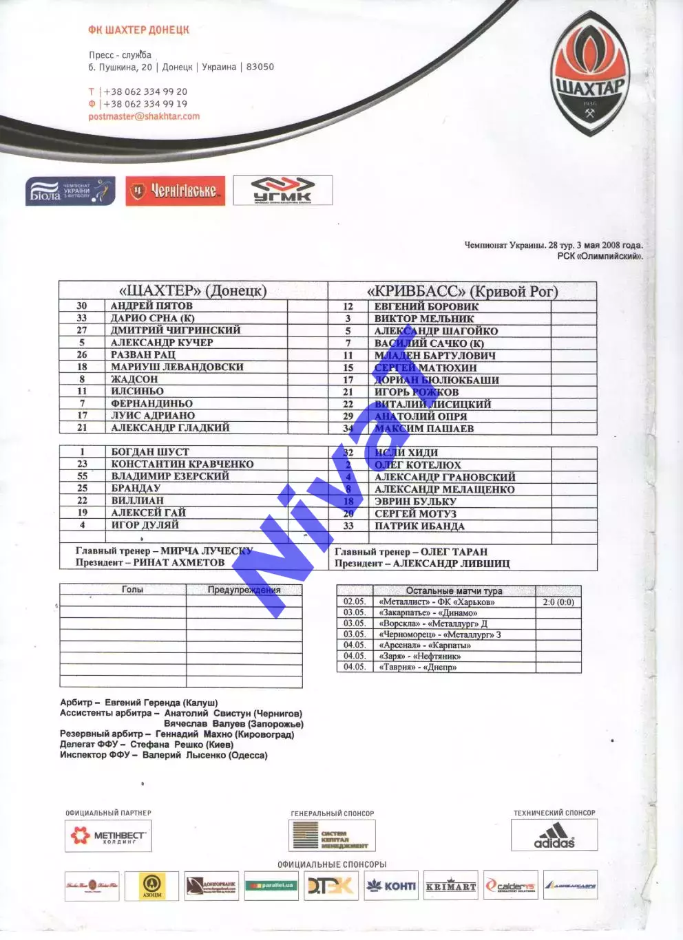 Протокол Шахтар Донецьк - Кривбас Кривий Ріг 03.05.2008