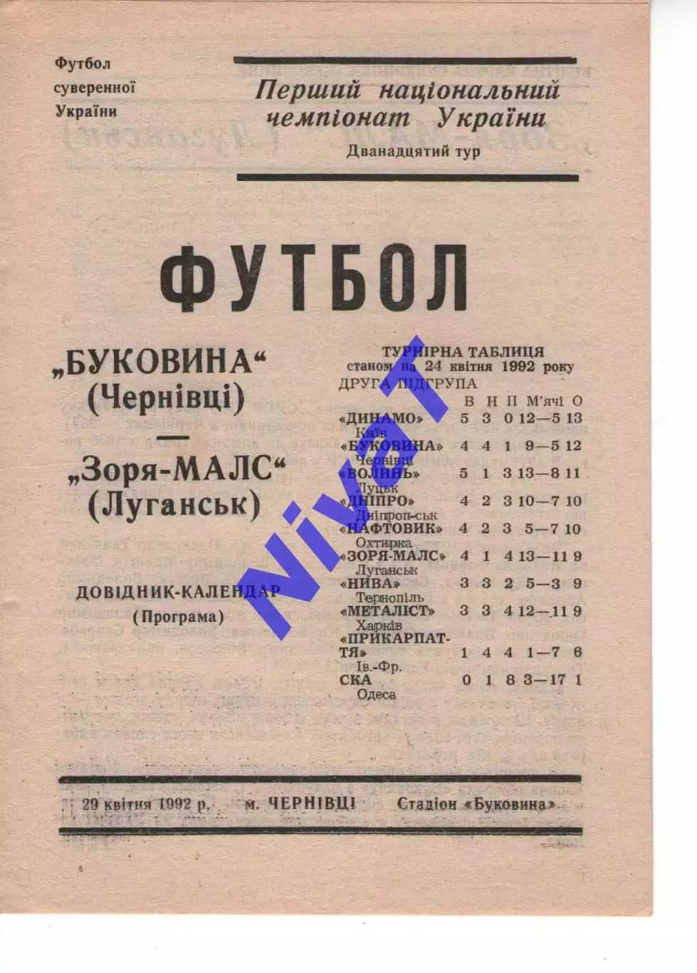 Буковина Чернівці - Зоря-Малс Луганськ 29.04.1992