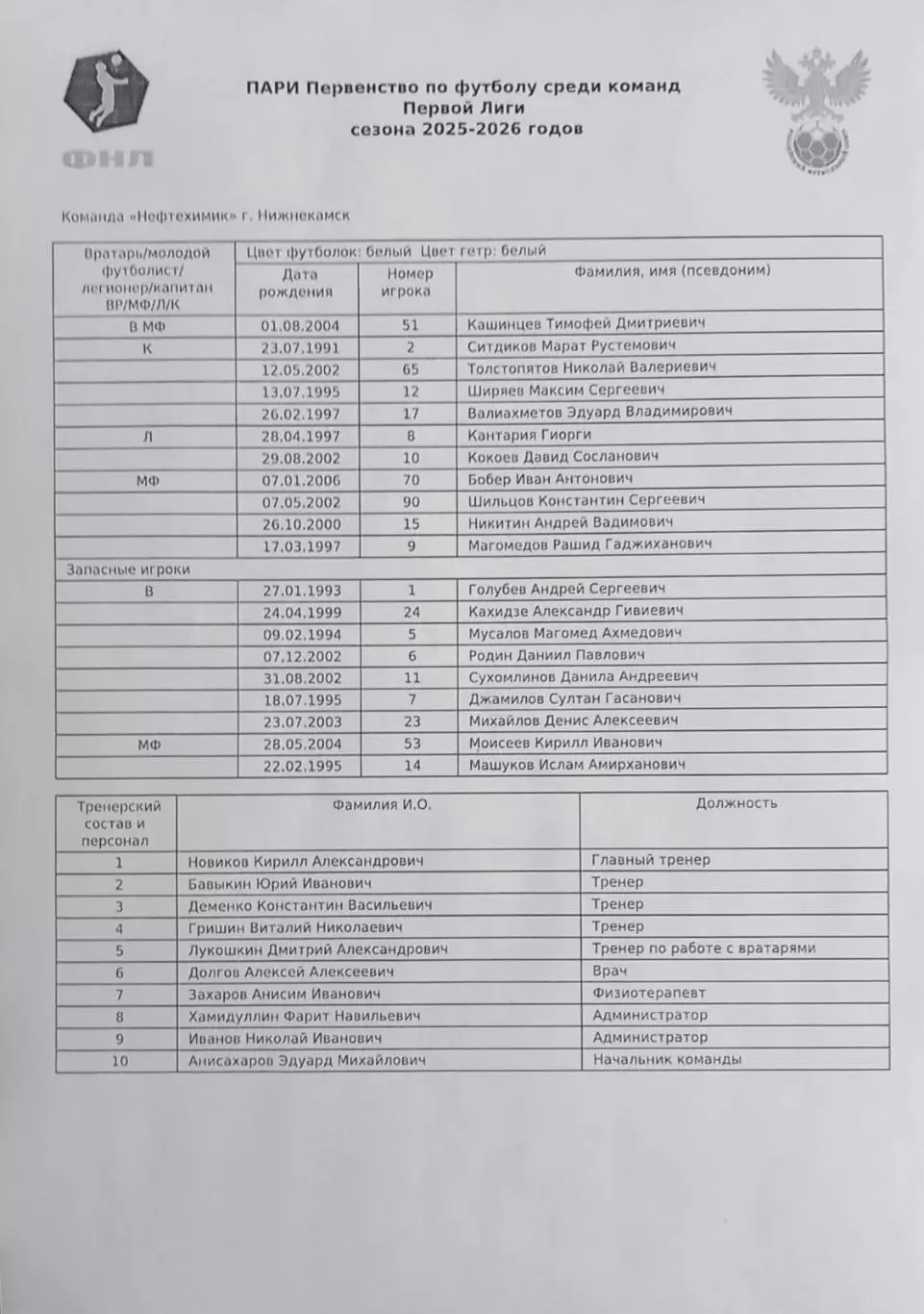 Программа+билет+старт-листы. ФК Уфа - ФК Нефтехимик Нижнекамск. Сезон 2025/2026 2