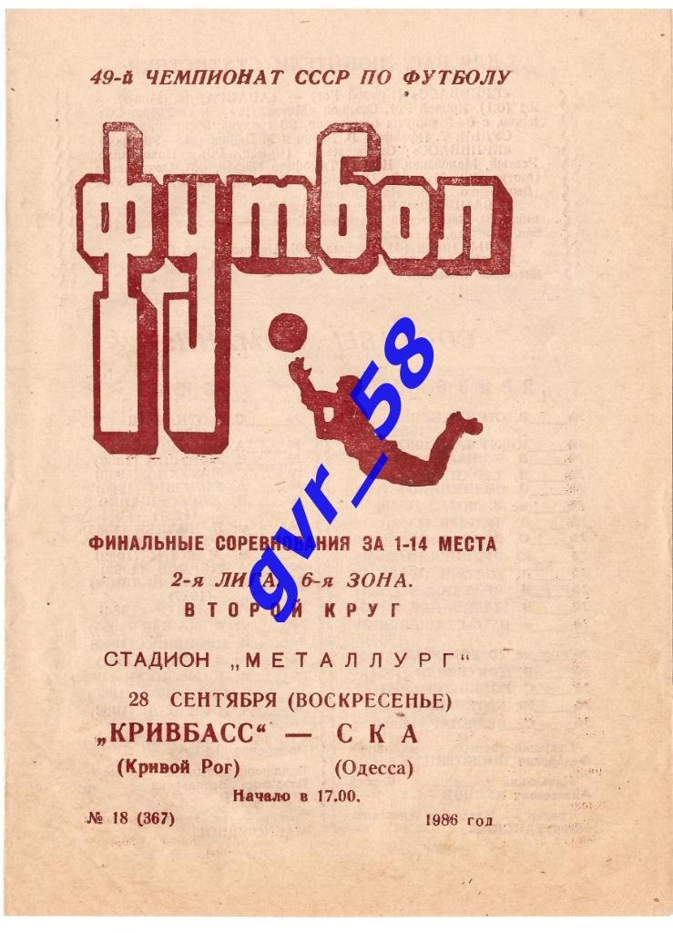 Кривбасс Кривой Рог - СКА Одесса 28.09.1986