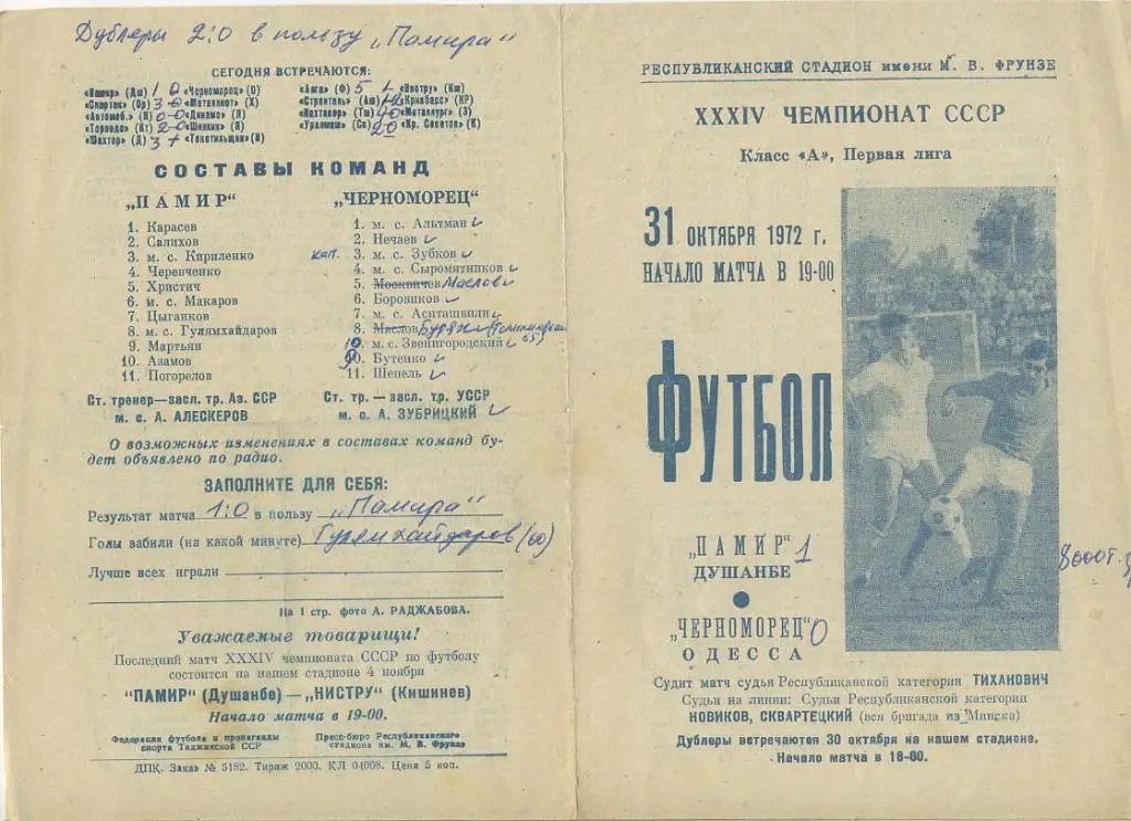 Памир Душанбе - Черноморец Одесса - 1972