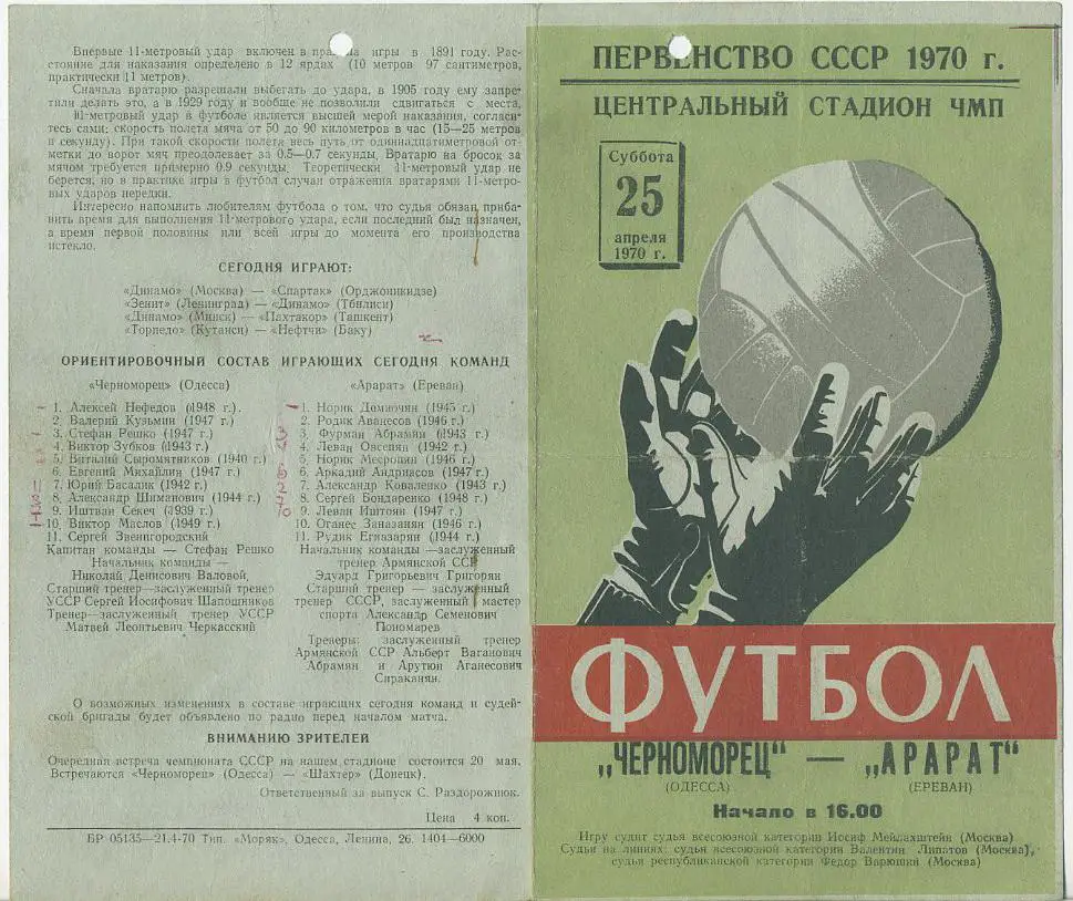 Черноморец Одесса - Арарат Ереван - 1970