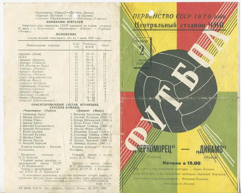 Черноморец Одесса - Динамо Минск - 1970