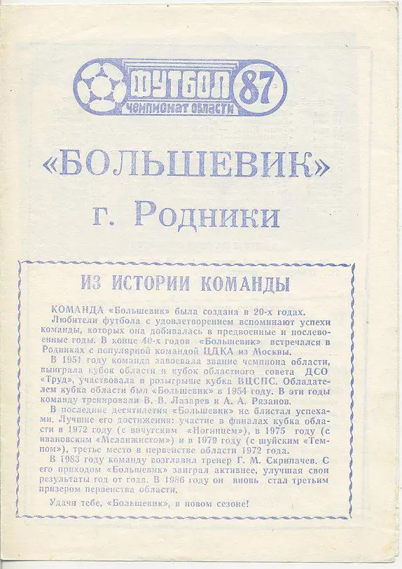Большевик г.Родники - 1987 (Чемпионат области).