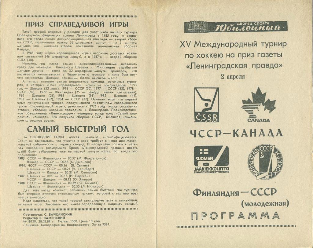 ЧССР - Канада, Финляндия - СССР ( мол.) - 2.04.1989. XV Межд. турнир по хоккею.