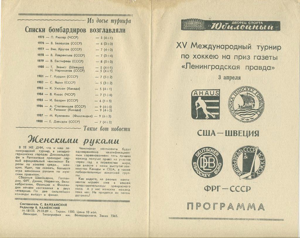 США - Швеция, ФРГ - СССР - 3.04.1989. XV Межд. турнир по хоккею.