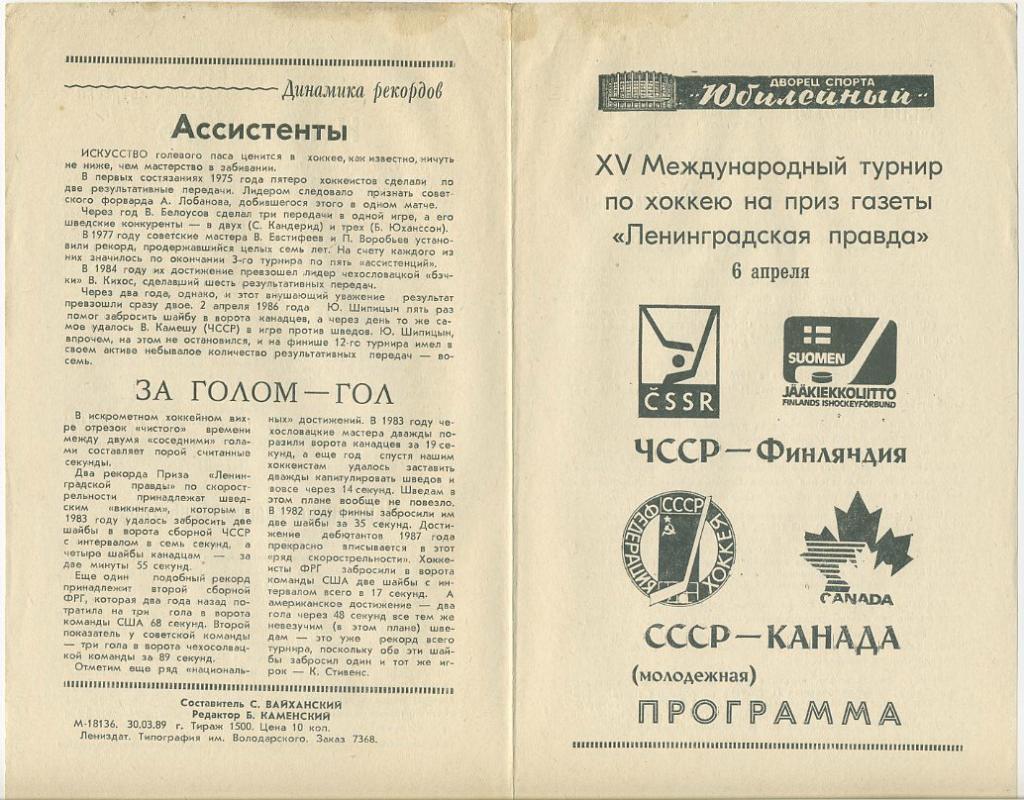 ЧССР - Финляндия, СССР - Канада - 6.04.1989. XV Межд. турнир по хоккею.