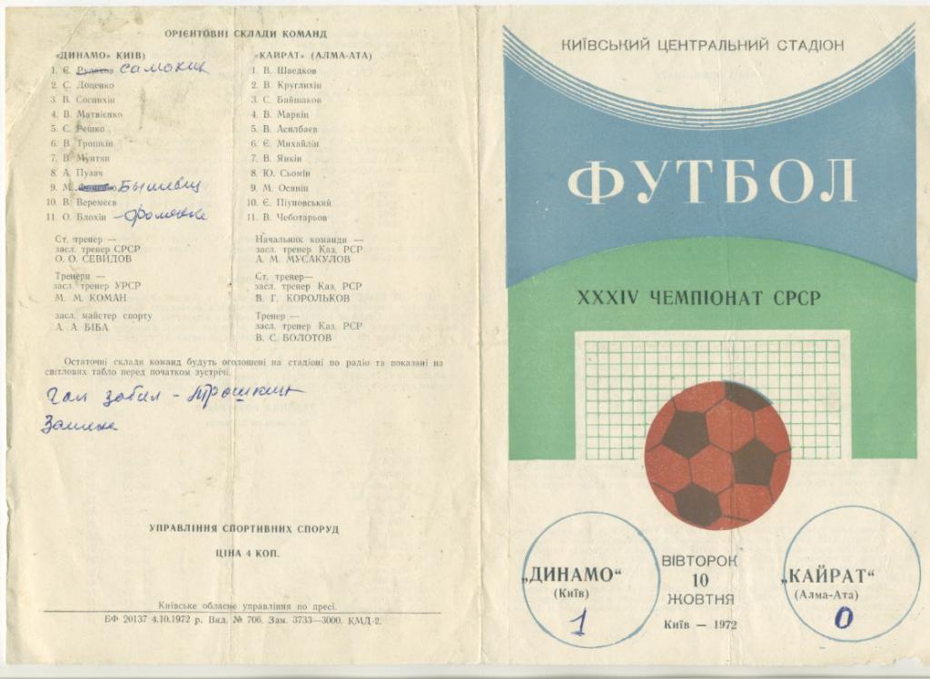 Динамо Киев - Кайрат Алма-Ата - 1972