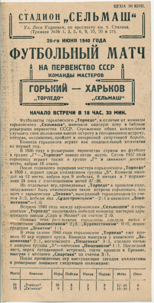 Сельмаш Харьков - Торпедо Горький - 28.06.1940. КОПИЯ.
