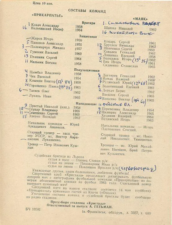 Прикарпатье Ивано-Франковск - Маяк Харьков - 1983 1