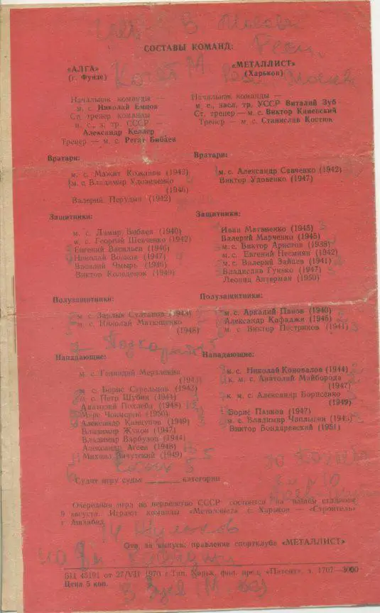 Металлист Харьков - Алга Фрунзе - 1970 1