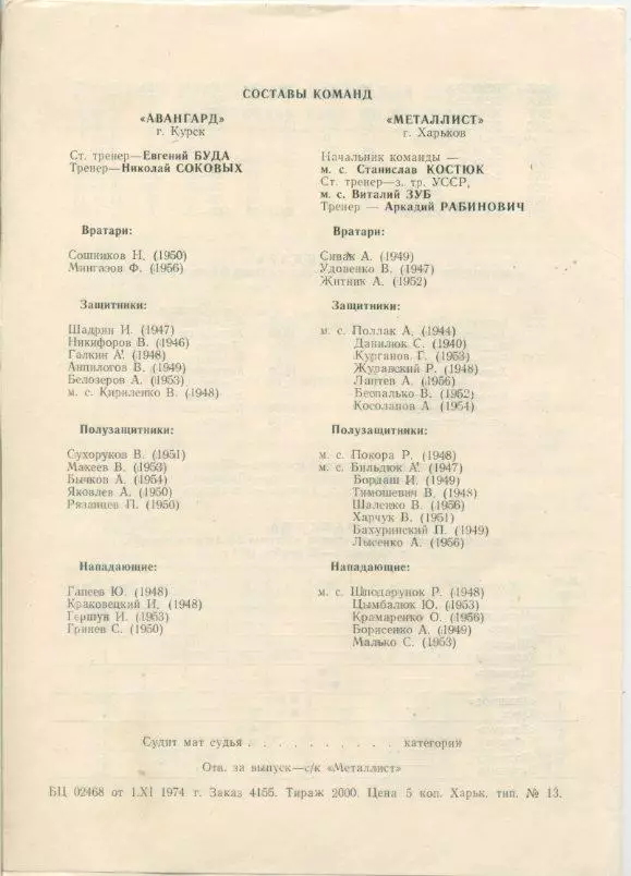 Металлист Харьков - Авангард Курск - 1974.Полуфинальный турнир команд 2-й лиги. 1