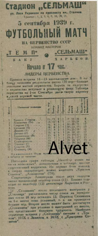 Сельмаш Харьков - Темп Баку - 05.09.1939 г. КОПИЯ.