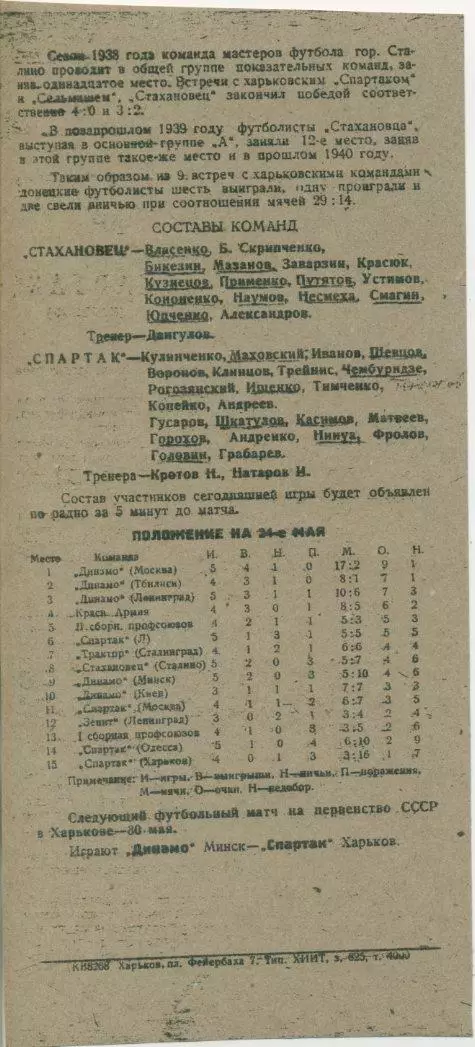 Спартак Харьков - Стахановец Сталино (Донецк) - 26.05.1941 г. КОПИЯ. 1