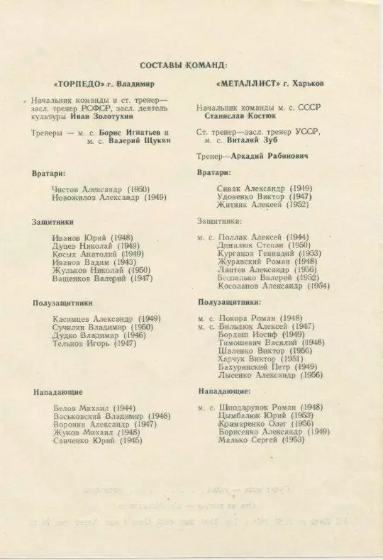 Металлист Харьков - Торпедо Владимир -1974.Полуфинальный турнир команд 2-й лиги. 1