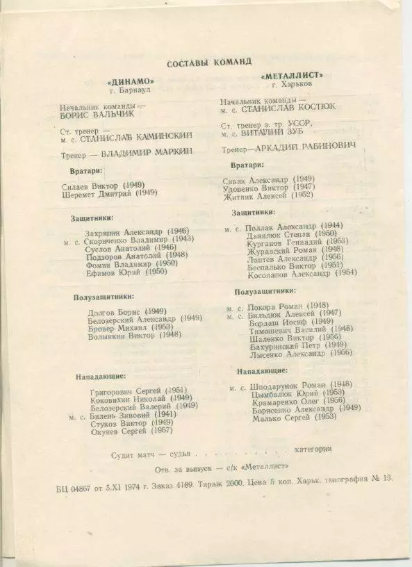 Металлист Харьков -Динамо Барнаул - 1974.Полуфинальный турнир команд 2-й лиги. 1