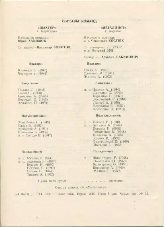 Металлист Харьков - Шахтер Караганда - 1974Полуфинальный турнир команд 2-й лиги. 1