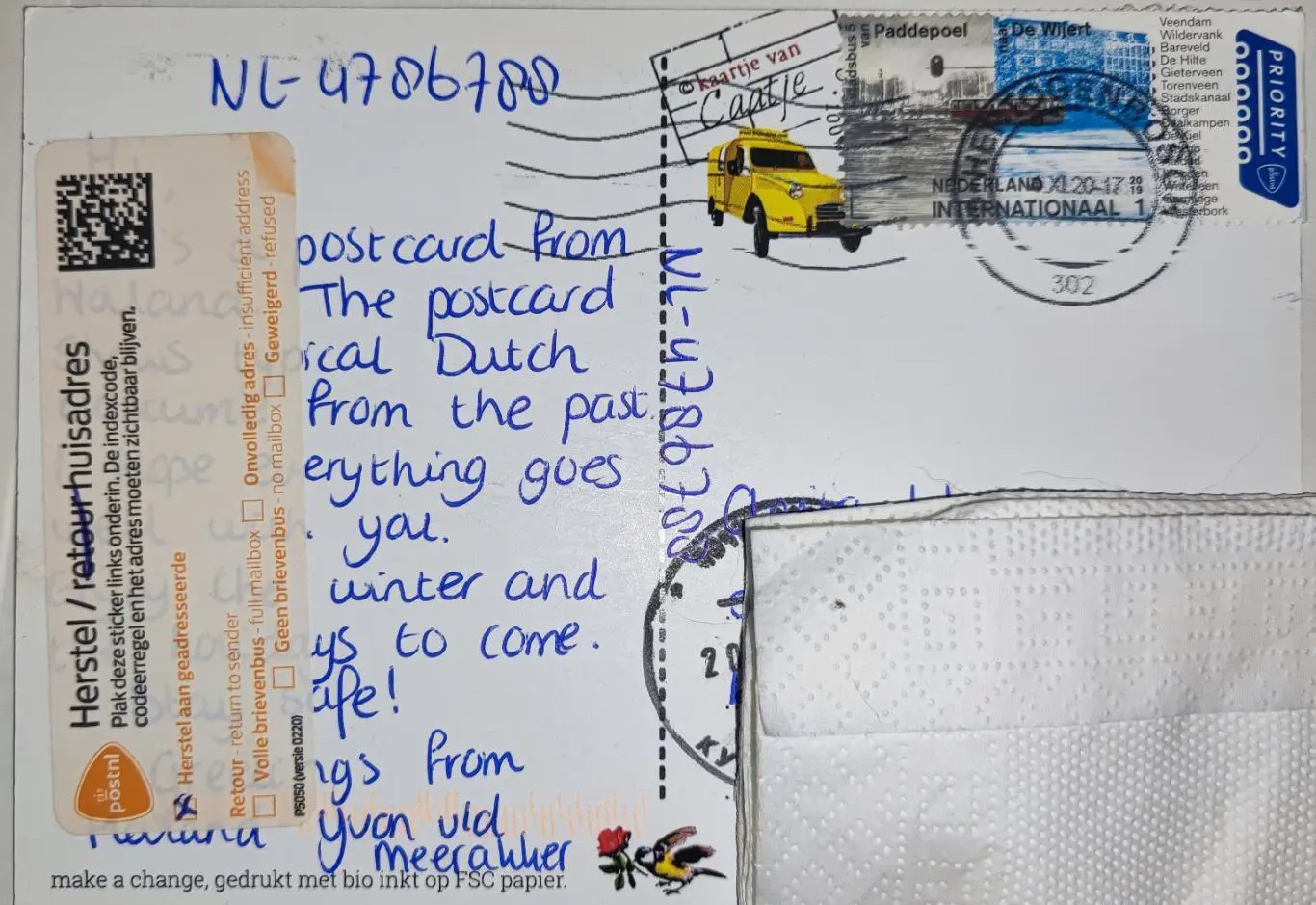 Открытка почтовая - Нидерланды, прошла почту 1
