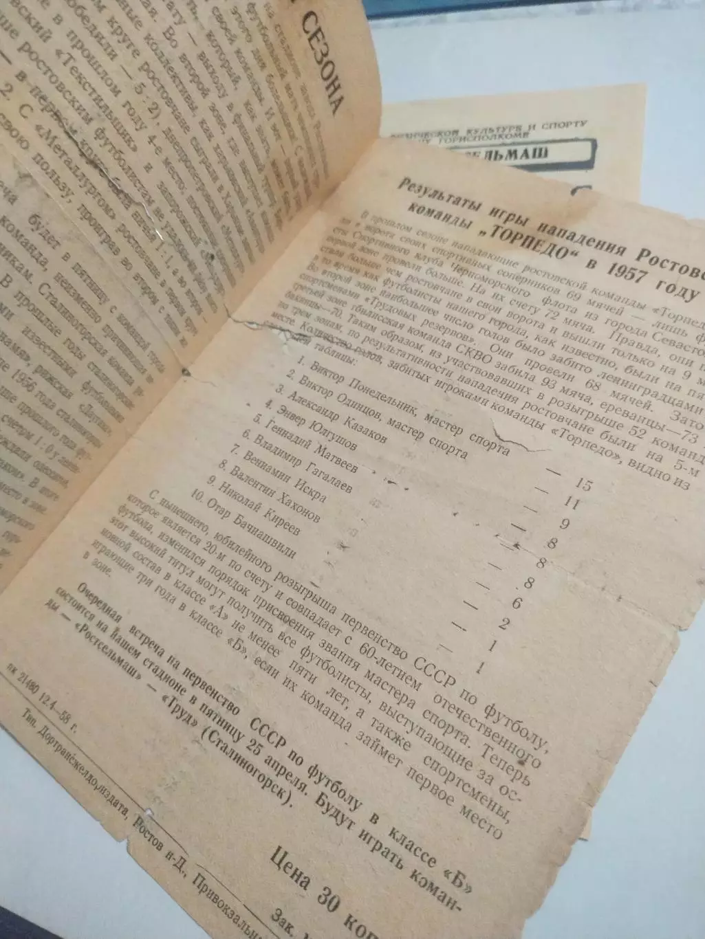 Оригинал+ копия,Ростсельмаш (Ростов-на-Дону) - Тр.Резервы (Курск) 20.04.1958 1