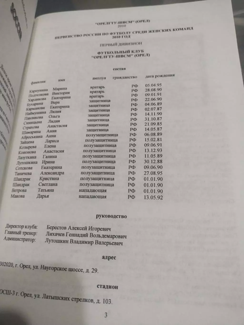 Первенство России по футболу среди женских команд ОрелГТУ- ШВСМ, 2010/11-13 1