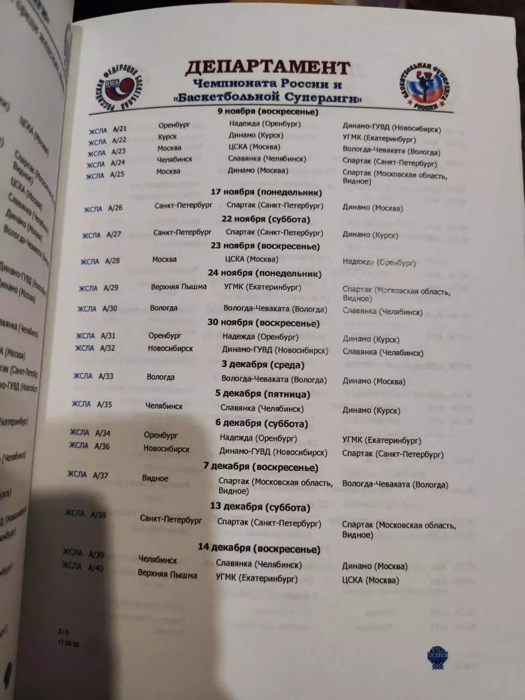 Календари игр суперлиги Баскетбол, Москва 2008 1