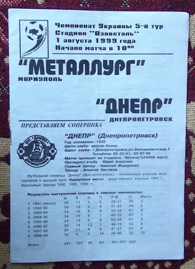 Металлург Мариуполь - Днепр Днепропетровск 1999-2000