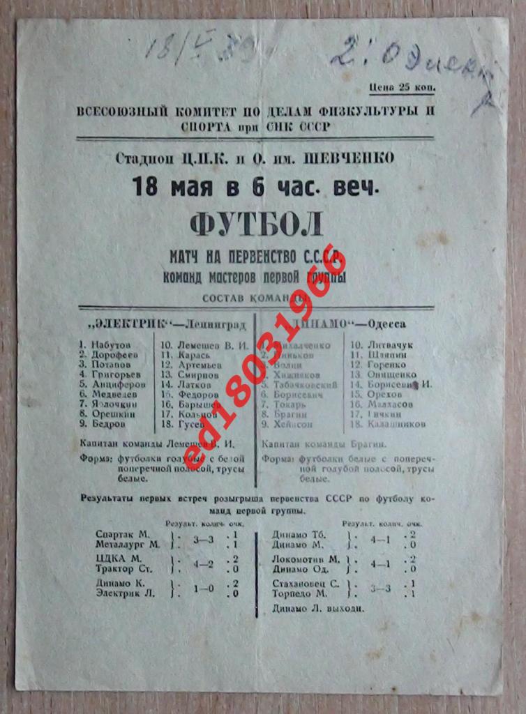 Динамо Одесса - Электрик Ленинград 1939