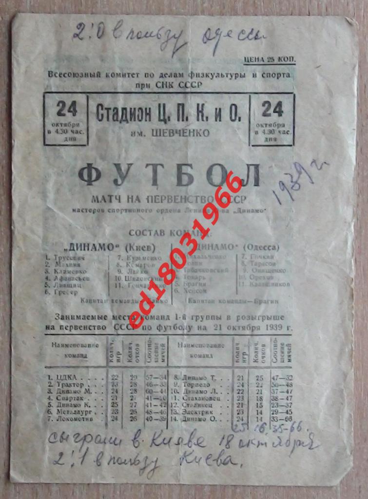 Динамо Одесса - Динамо Киев 1939