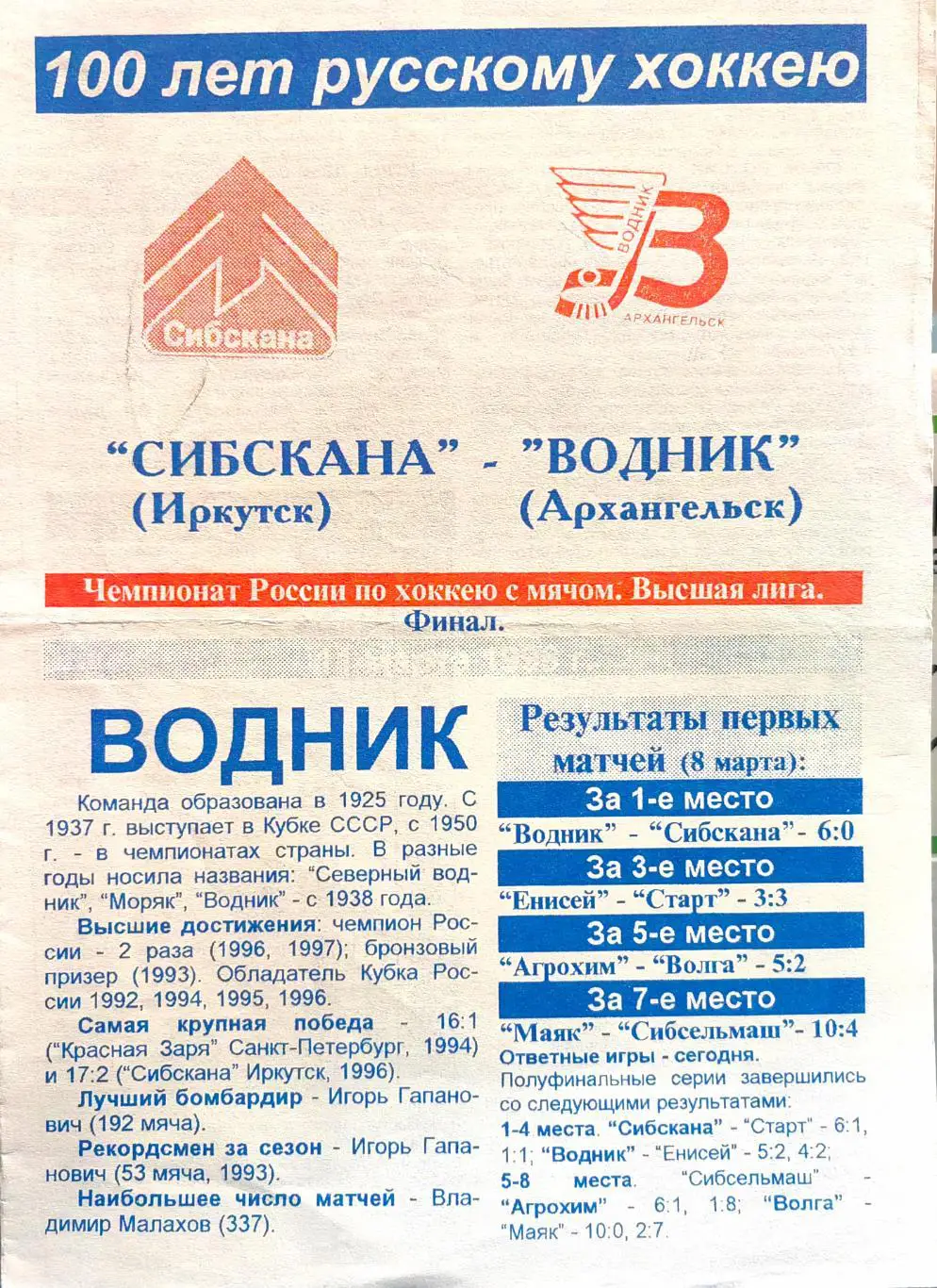 Программка по хоккею с мячом. ЧР финал Иркутск. Сибскана - Водник.97-98.