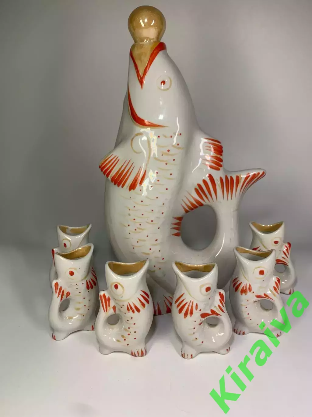 Набор графин и 6 рюмок «Рыбки / Карп» фарфор СССР Полонное (Н6492)