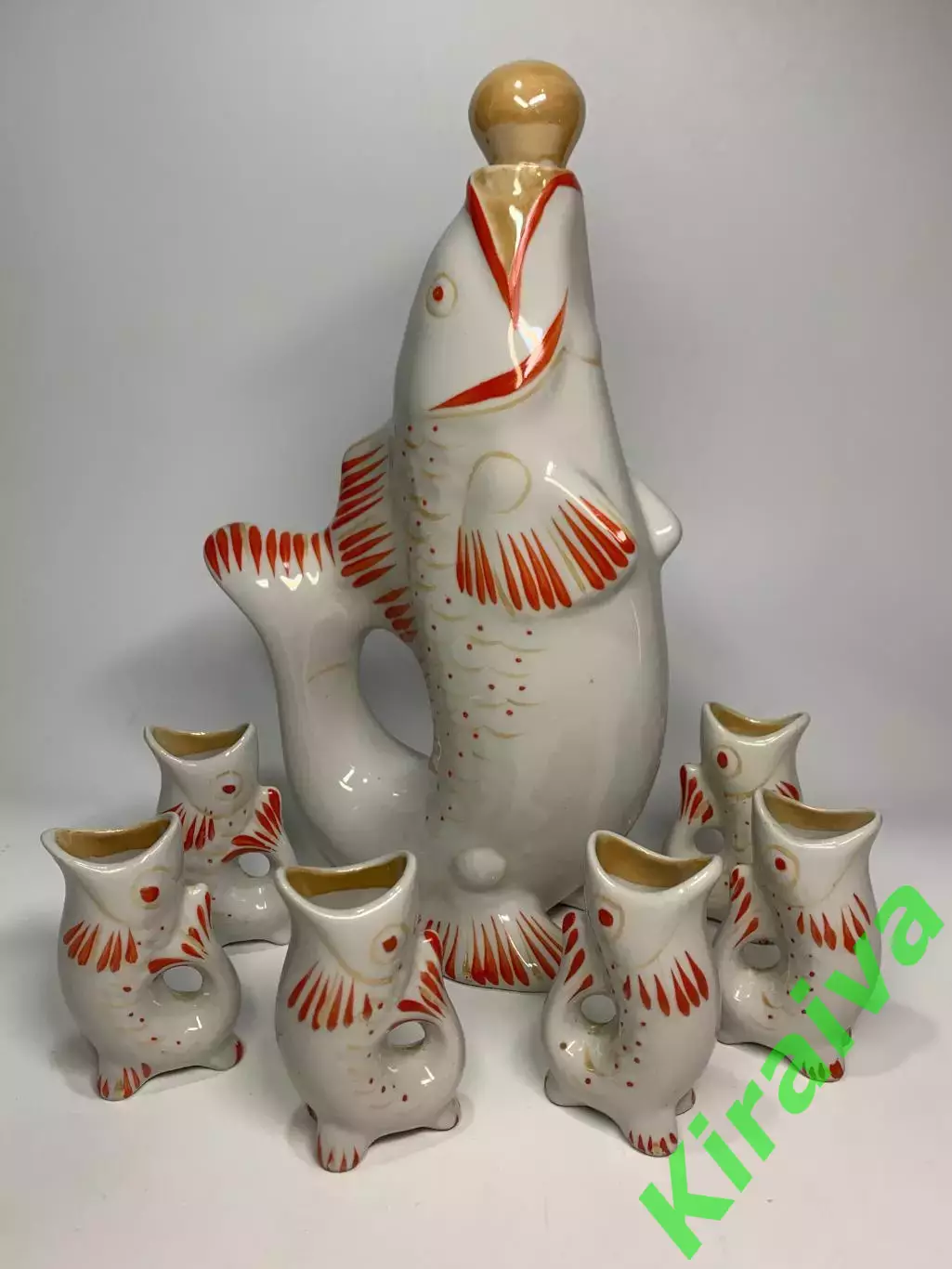 Набор графин и 6 рюмок «Рыбки / Карп» фарфор СССР Полонное (Н6492) 4