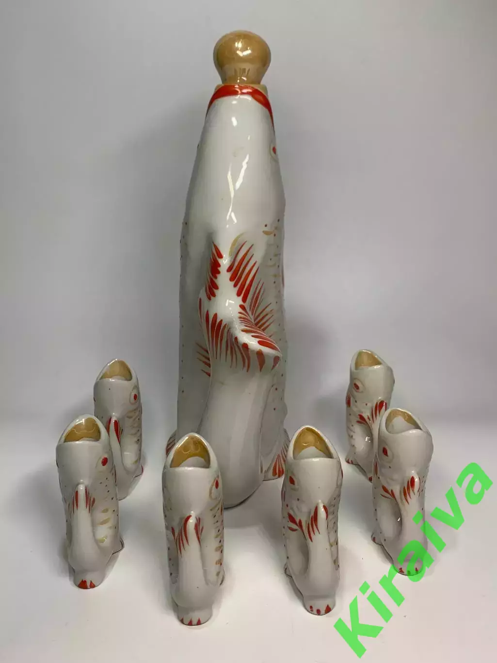 Набор графин и 6 рюмок «Рыбки / Карп» фарфор СССР Полонное (Н6492) 5