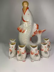 Набор графин и 6 рюмок «Рыбки / Карп» фарфор СССР Полонное (Н6492)