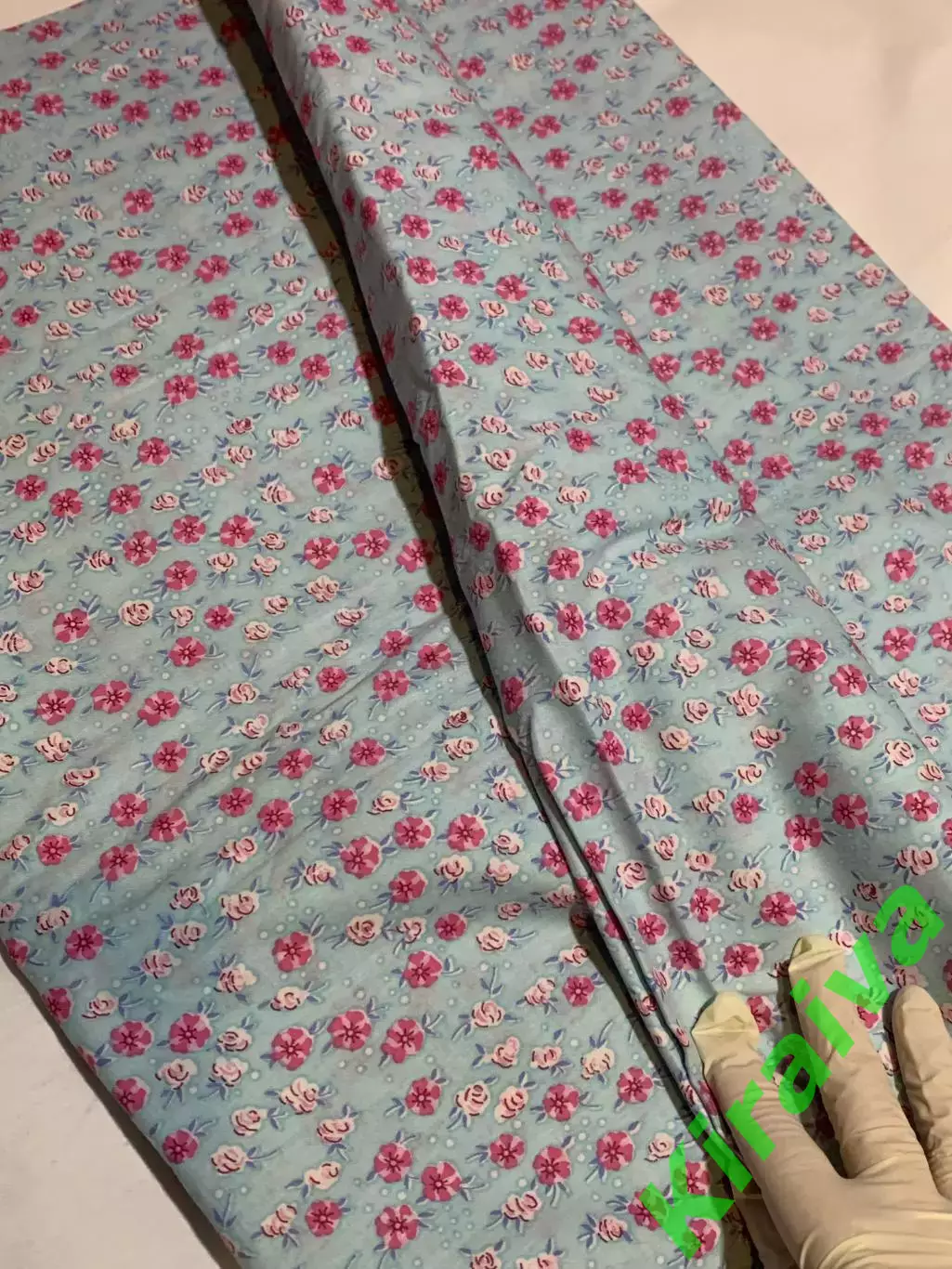 Отрез винтажной ткани хлопок 115?410 см голубой с розовыми цветами для рук Н2865 2