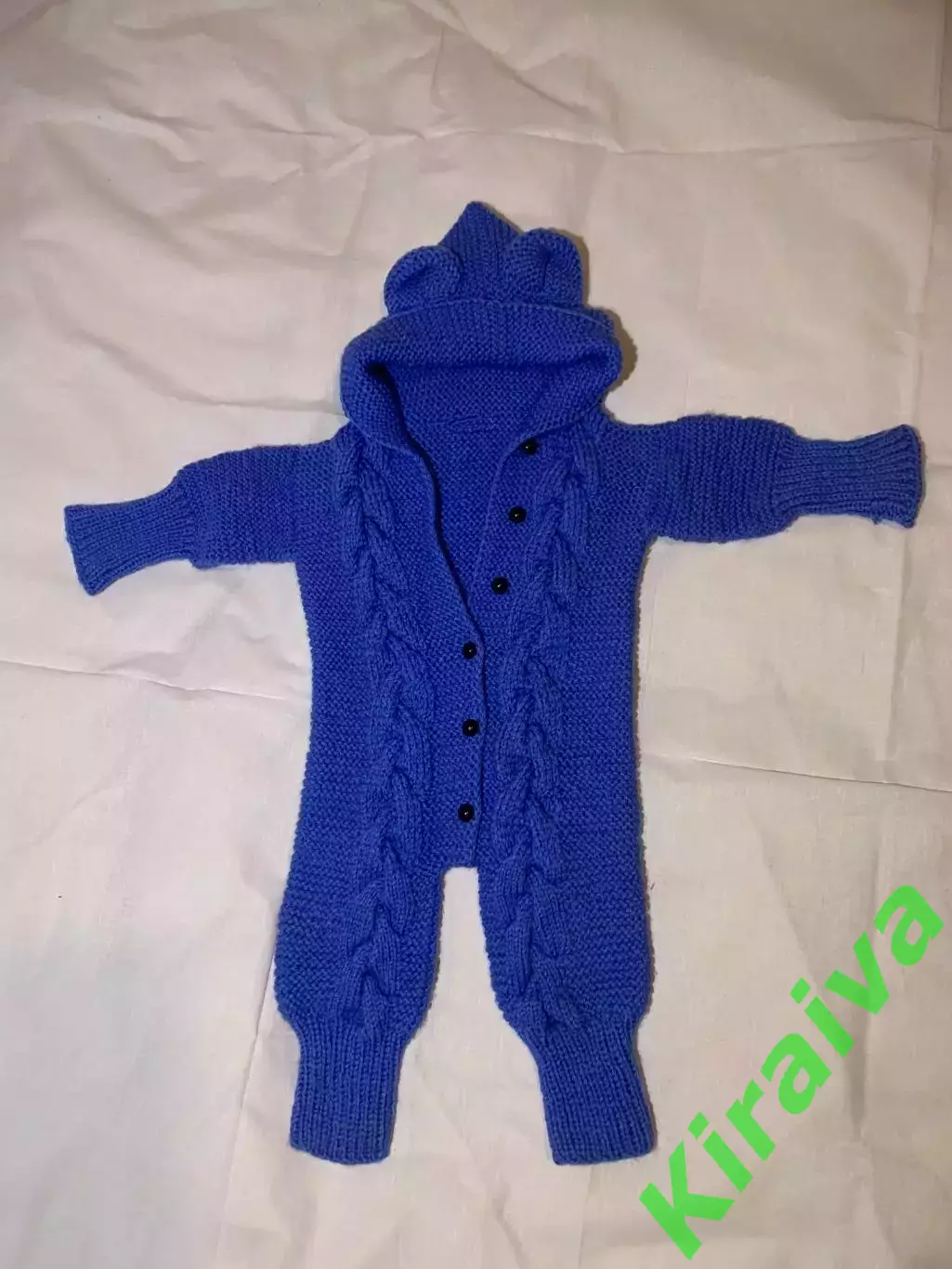 Комбинезон вязаный для малыша 3–9 м с капюшоном ушками детский синий (Н2885)