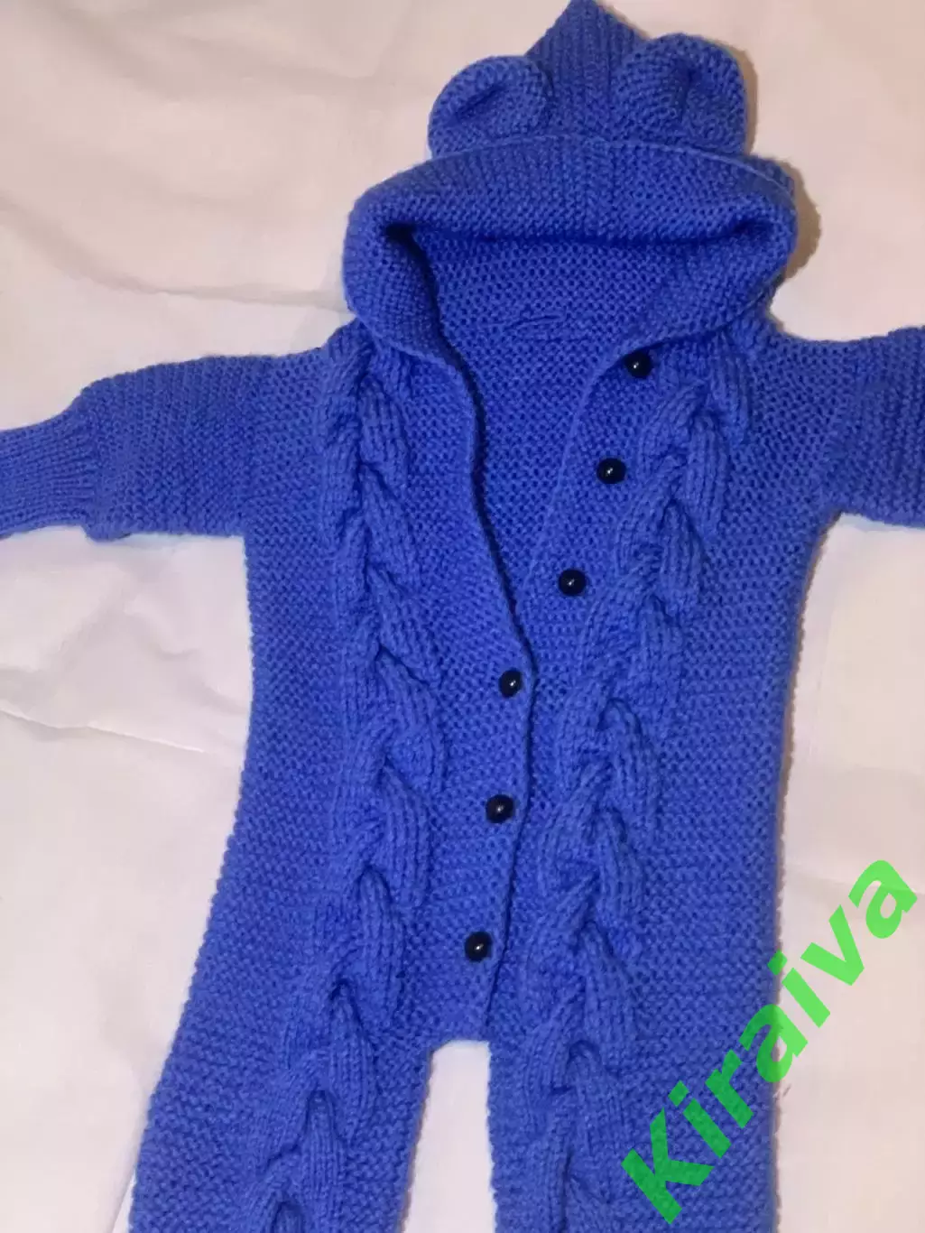 Комбинезон вязаный для малыша 3–9 м с капюшоном ушками детский синий (Н2885) 1
