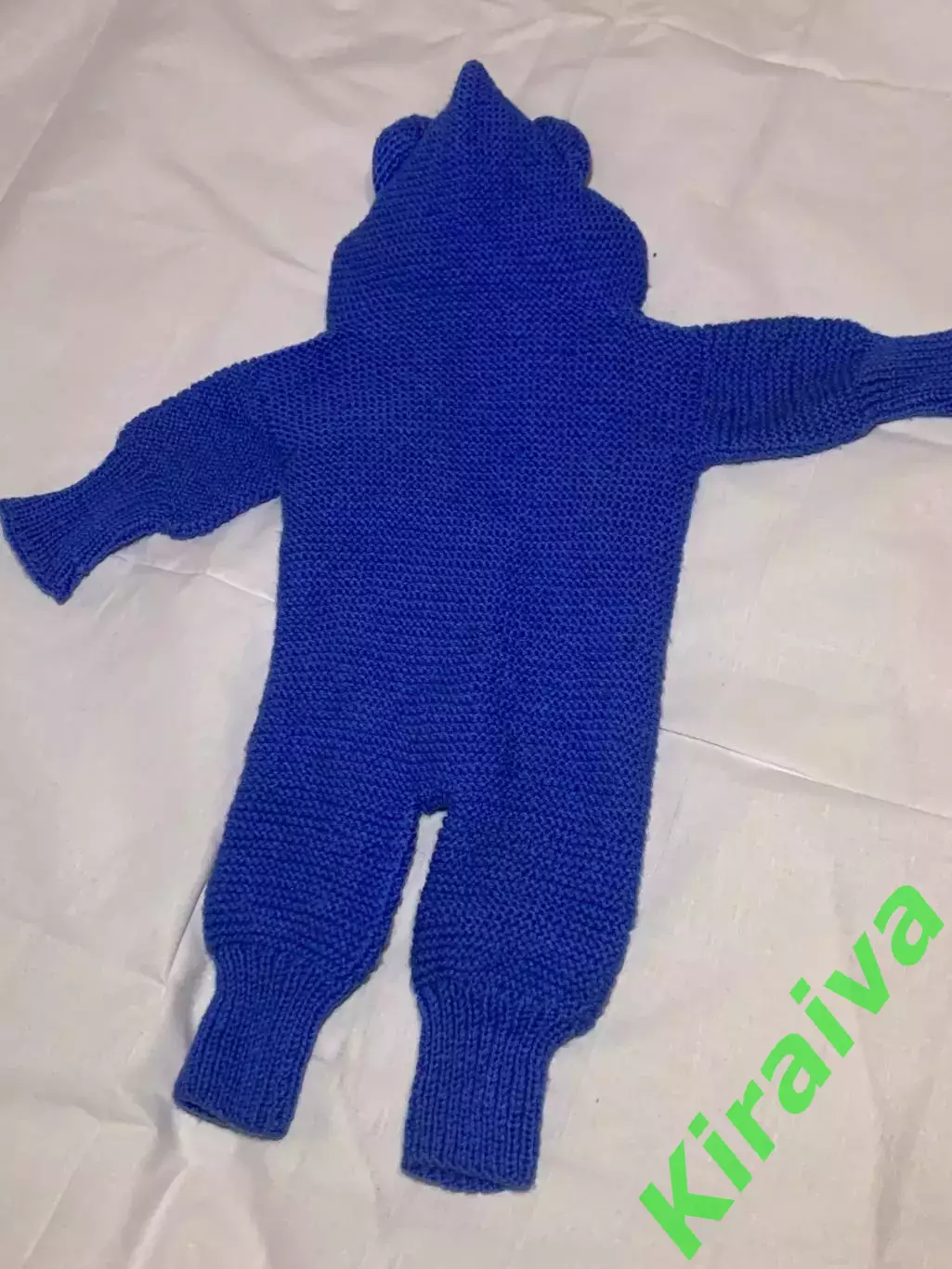 Комбинезон вязаный для малыша 3–9 м с капюшоном ушками детский синий (Н2885) 4