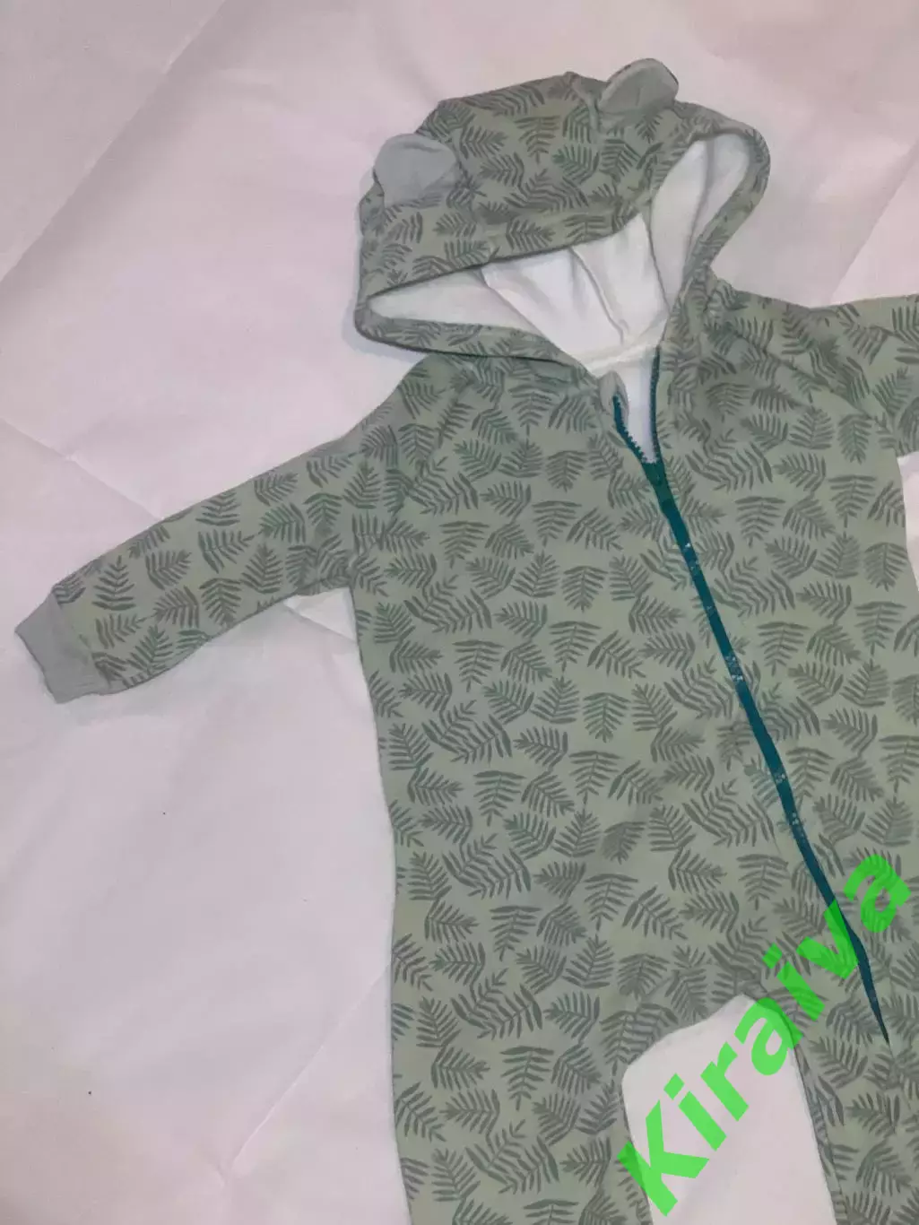 Комбинезон детский дизайнерский с ушками «Листочки» теплый футер с меховой Н2887 1