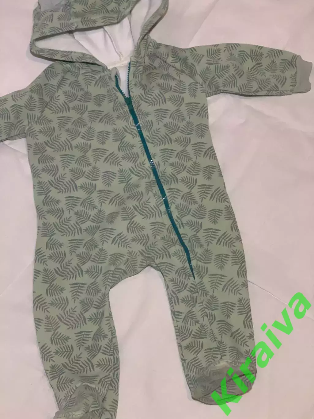 Комбинезон детский дизайнерский с ушками «Листочки» теплый футер с меховой Н2887 2