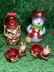 Набор новогоднего декора подсвечники Дед Мороз и фигурка снеговика и фон (Н2894